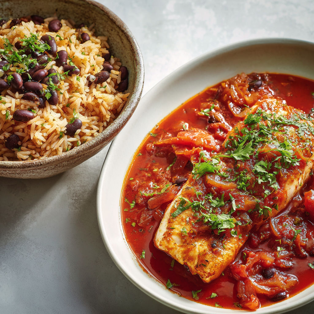 Un plat de poisson, légumes et riz sur la table.