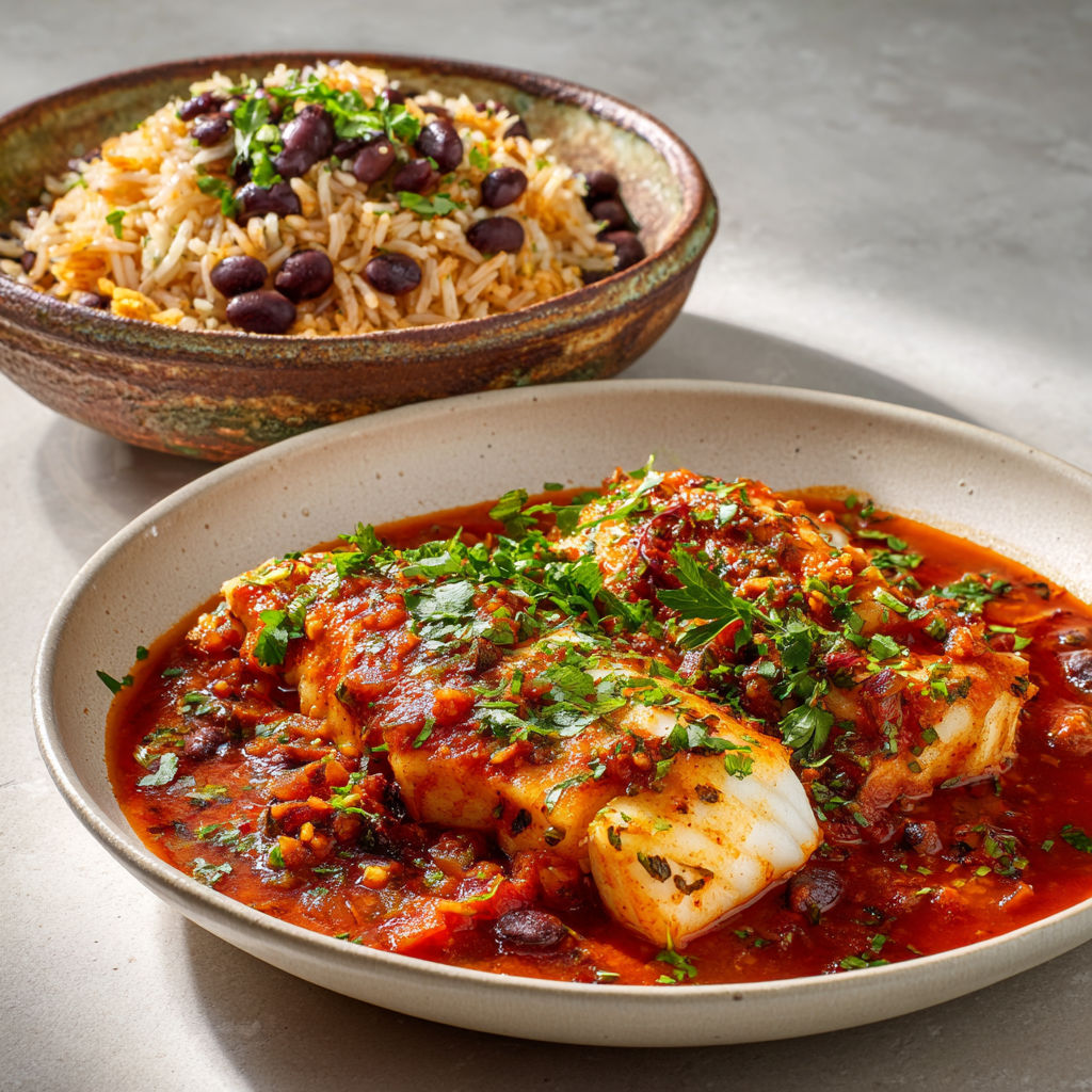 Plat de poisson en sauce épicée avec riz tex-mex.