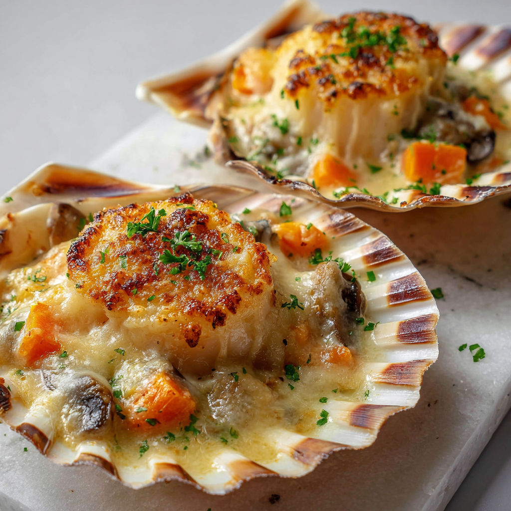 Noix de Saint-Jacques en gratin avec champignons et crème, deux parts servies sur un plateau élégant.