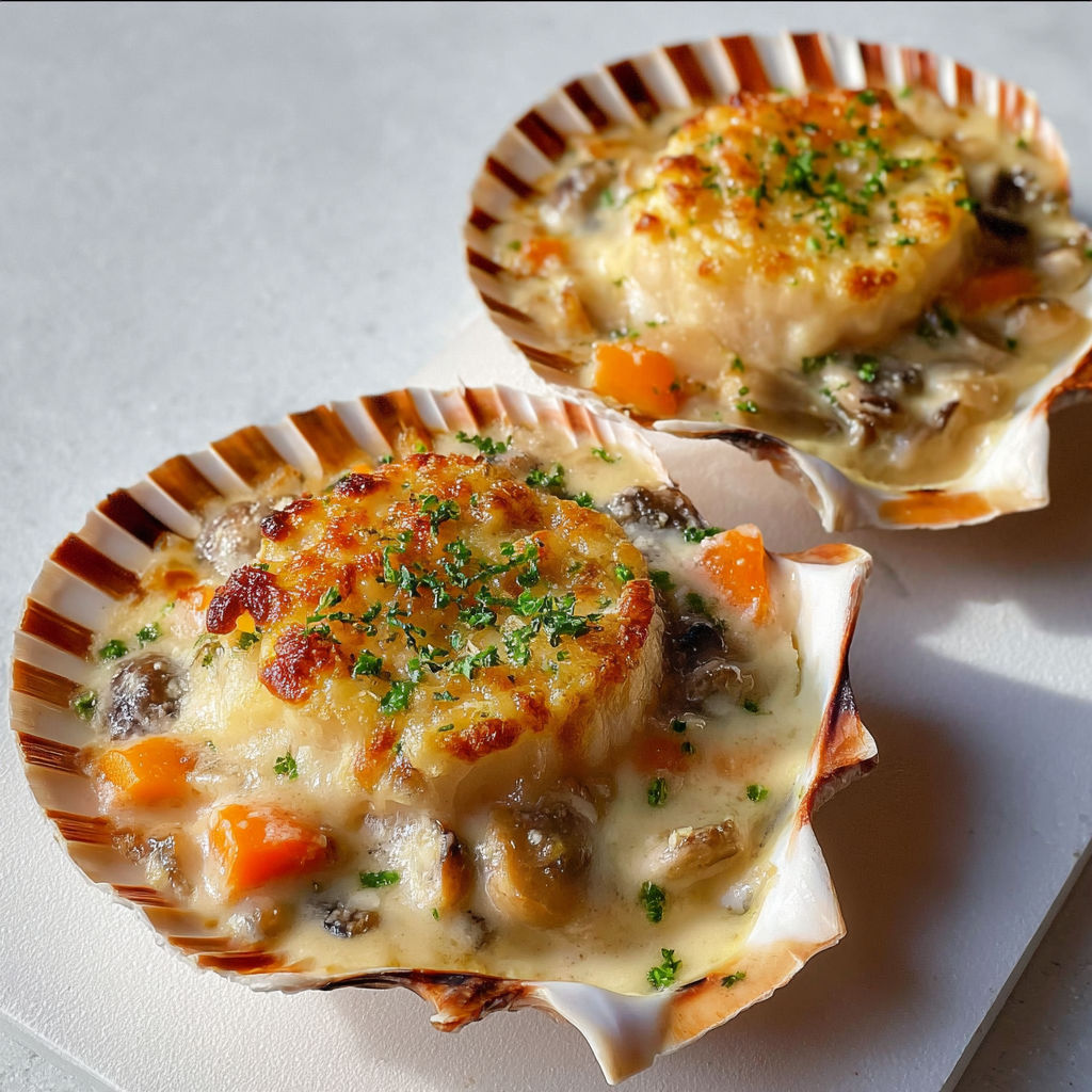 Gratin de Saint-Jacques avec champignons et légumes fondus. Deux belles portions sur un plat.