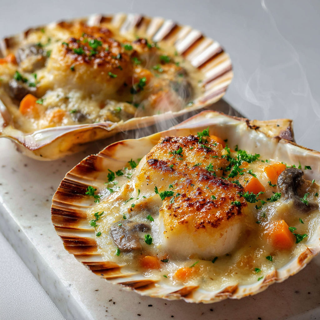 Petites cassolettes de Saint-Jacques bien gratinées à la crème sur un plateau de marbre.