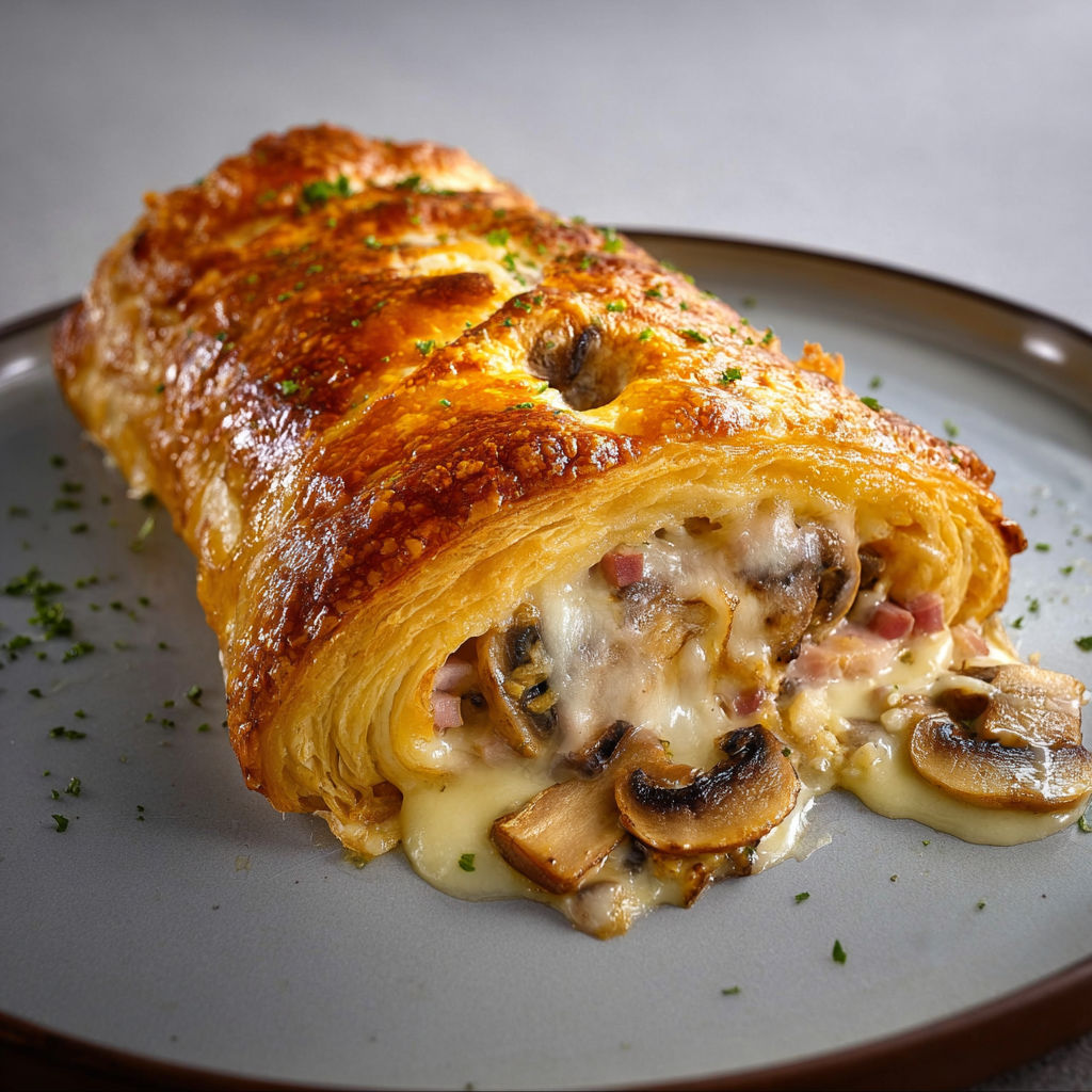 Plat de feuilleté croustillant au jambon et champignons sur un plateau.