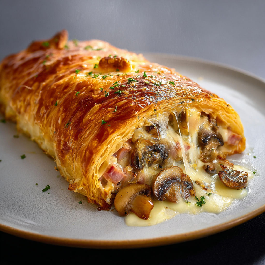 Feuilleté rustique au jambon fumé et champignons servi sur plateau.