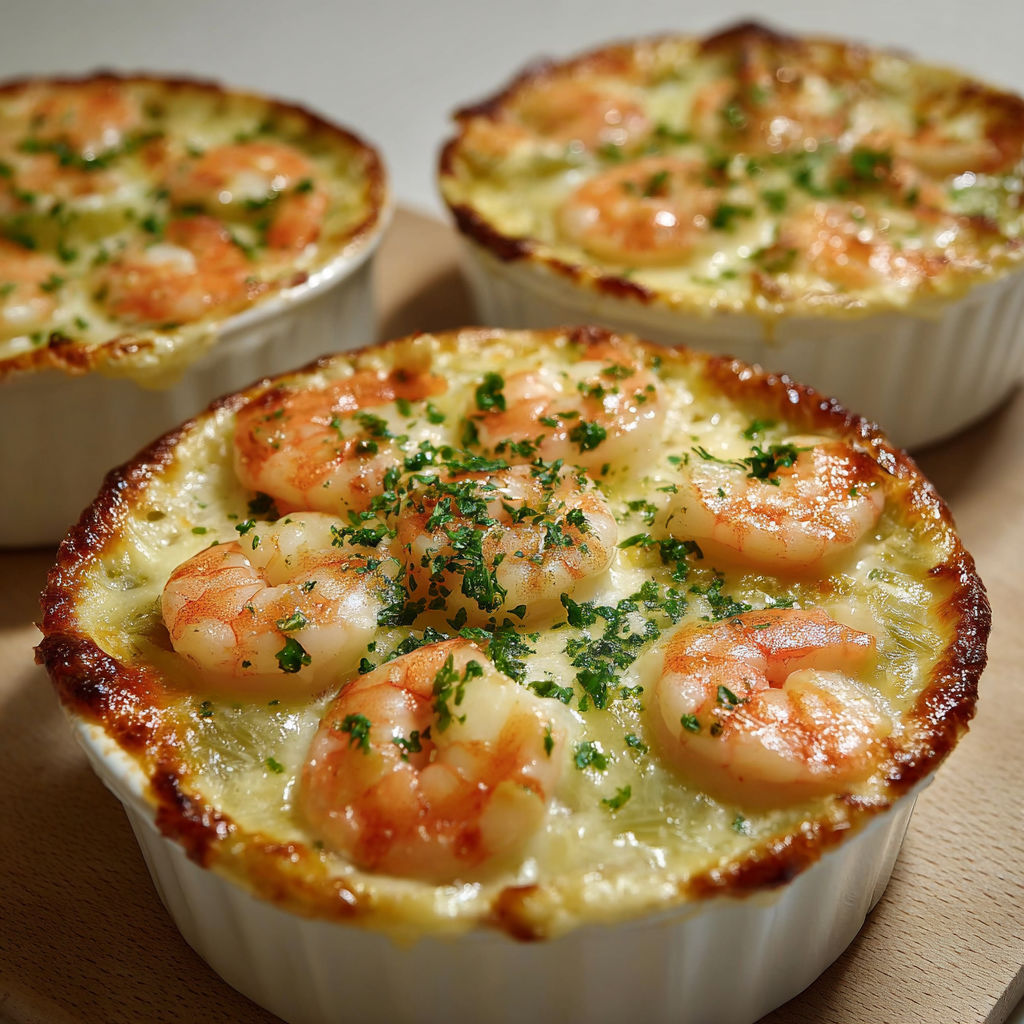 Crevettes et poireaux en sauce crémeuse gratinée au four.