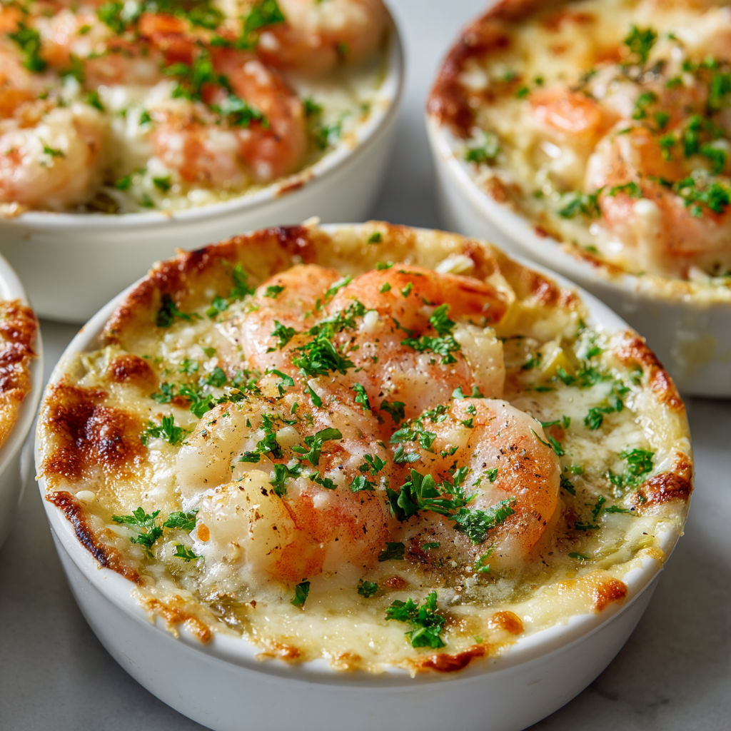 Cassolettes de crevettes, poireaux tendres et crème gratinée.
