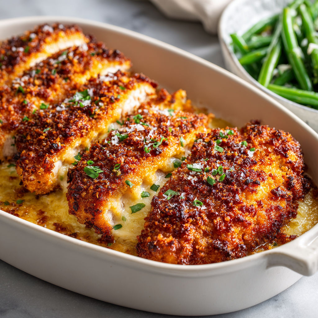Poulet parmesan croustillant présenté dans un plat en verre.