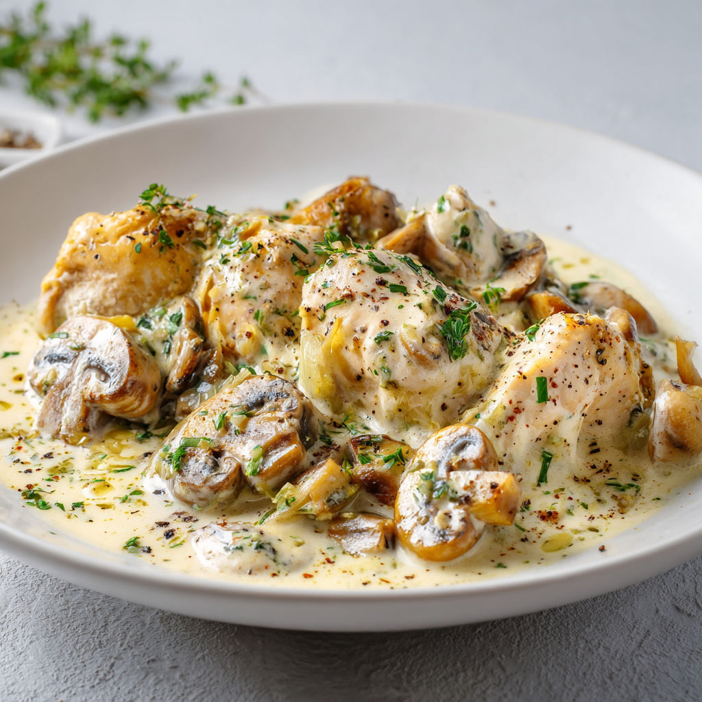 Un bol blanc rempli d'une délicieuse fricassée de poulet à la crème et aux champignons.