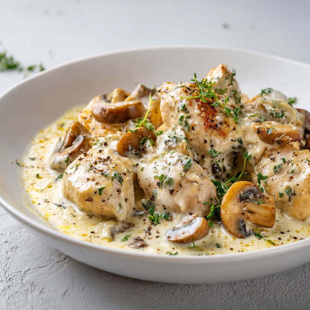 Une assiette avec morceaux de poulet doré, champignons, herbes fraîches et sauce crémeuse.