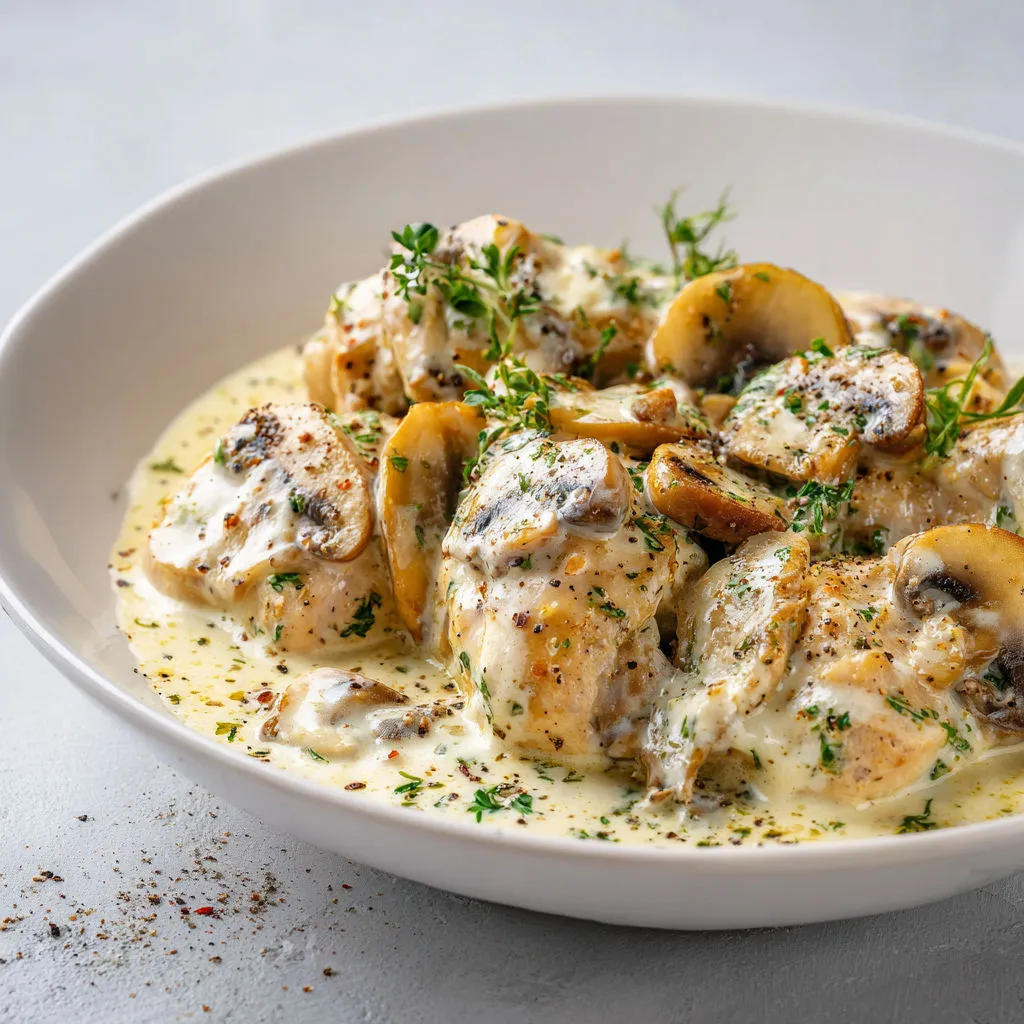 Une belle assiette de poulet tendre, champignons, herbes fraîches et belle sauce crémeuse.