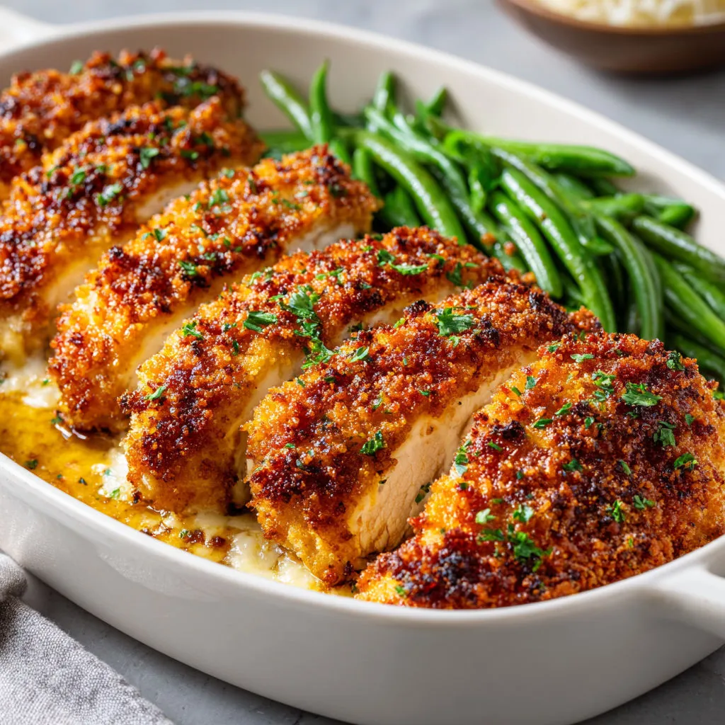 Un plat de poulet bien doré avec haricots verts et herbes fraîches.