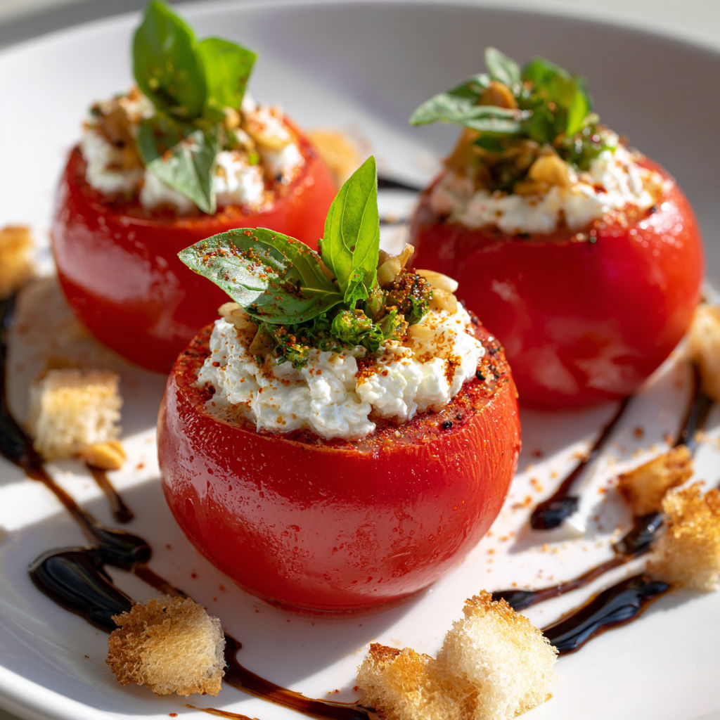 Tomates stracciatella servies avec herbes et crostini frais.