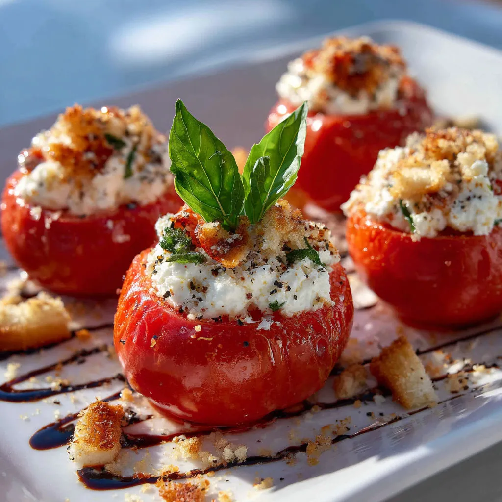 Tomates garnies avec basilic et croûtons, sur une assiette blanche.