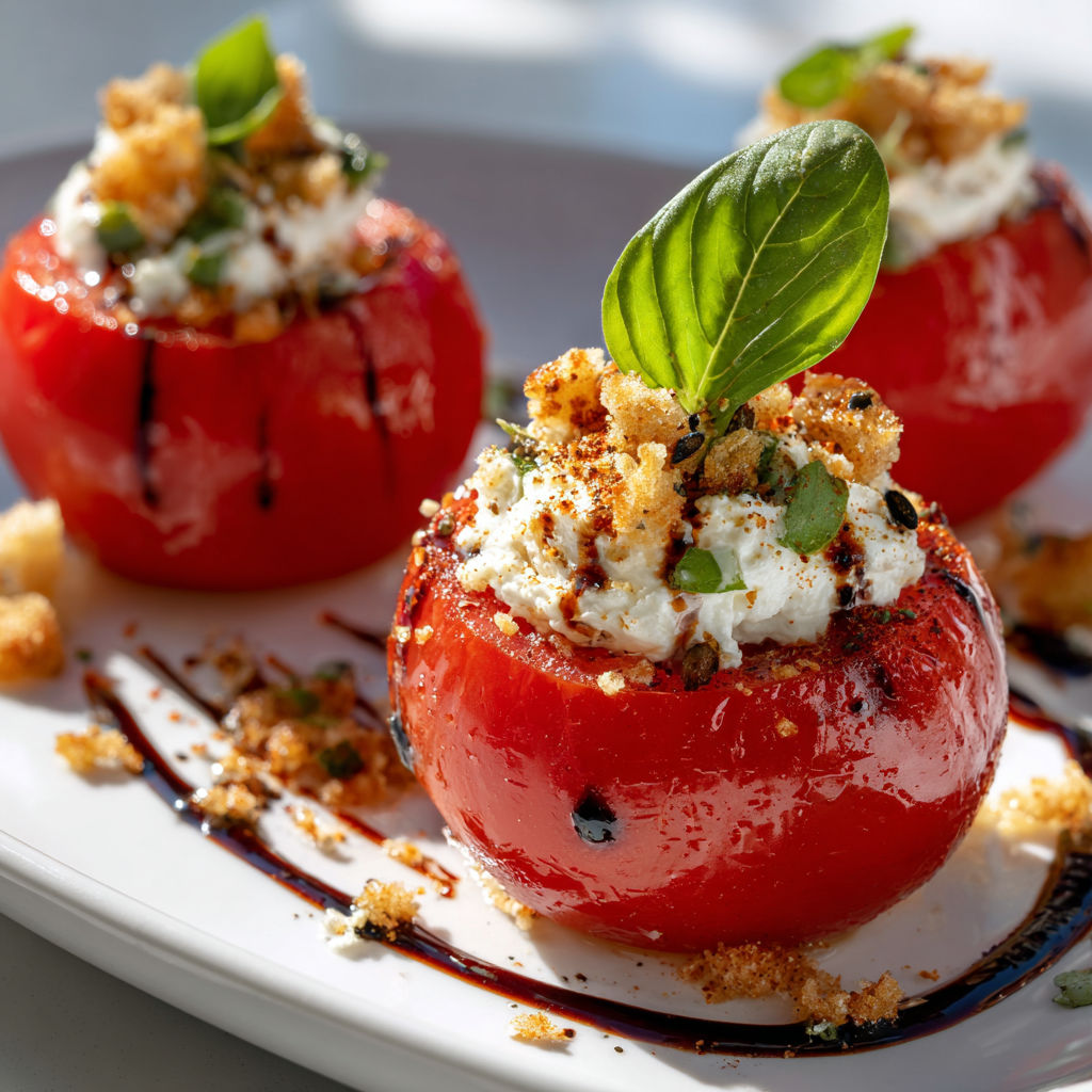 Tomates garnies avec basilic et croûtons, sur une assiette blanche.