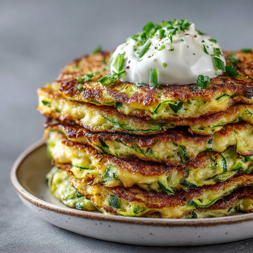 Des crêpes légères aux courgettes empilées sur un plat.