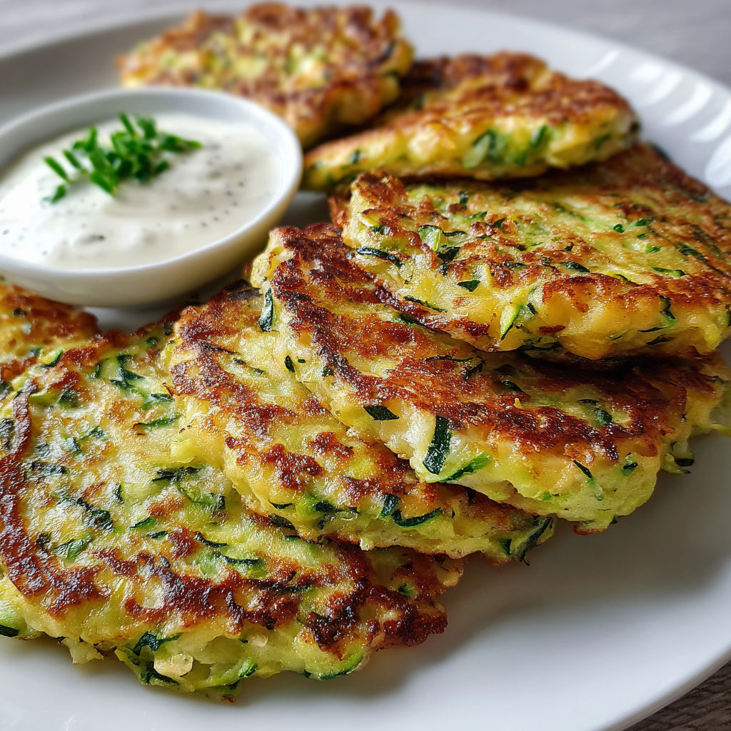 Des galettes moelleuses à la courgette bien empilées sur un plat, une sauce et quelques herbes à côté.