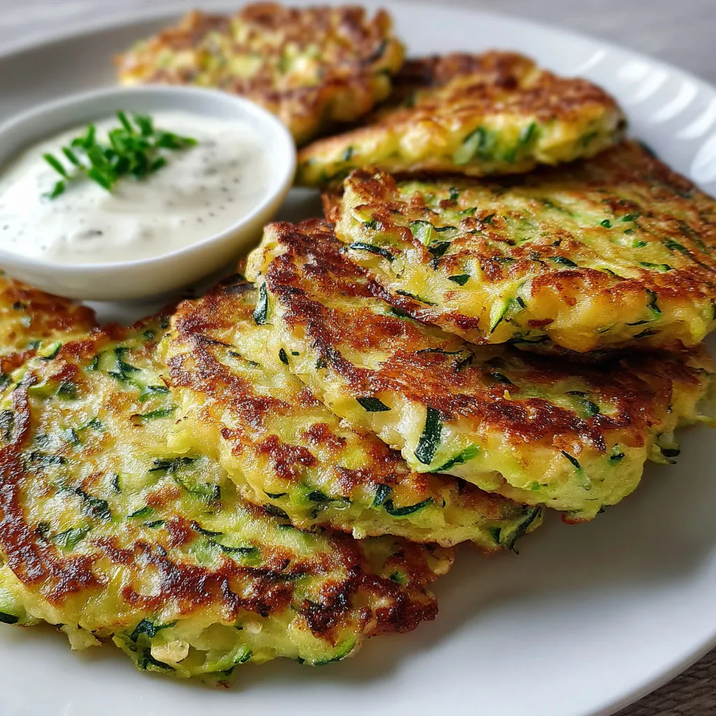 Des galettes moelleuses à la courgette bien empilées sur un plat, une sauce et quelques herbes à côté.