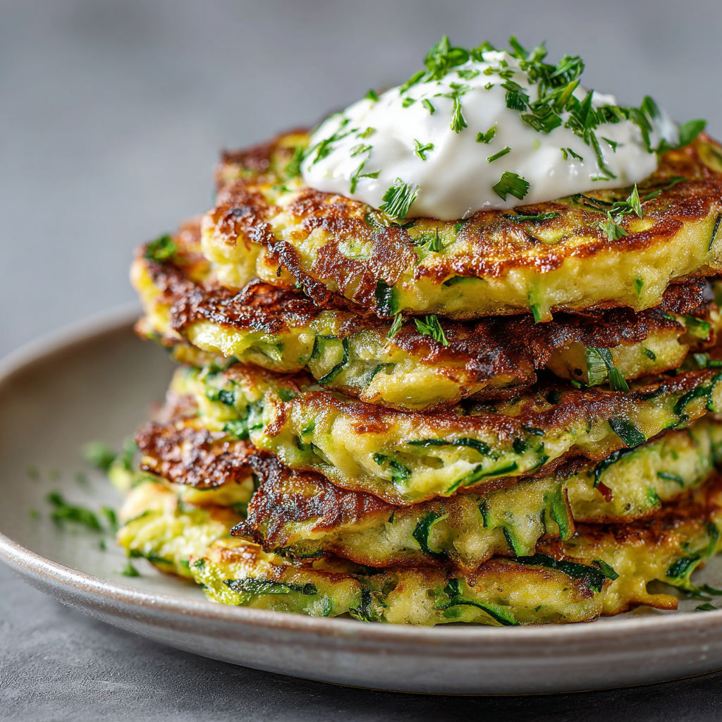 Crêpes soufflées à la courgette empilées, nappées d'un peu de sauce blanche.
