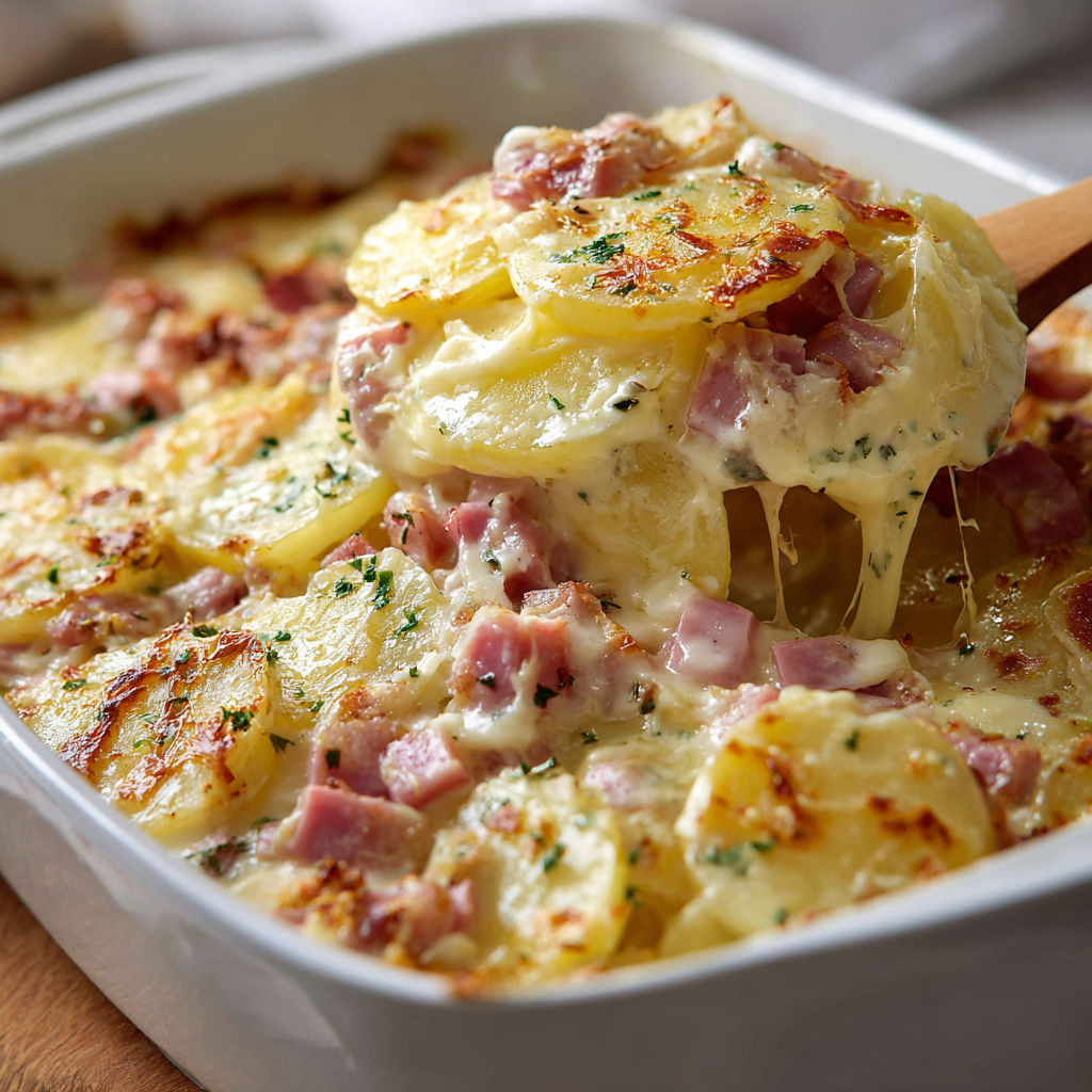 Un gratin de pommes de terre avec lardons coupé, prêt à servir avec une cuillère en bois.