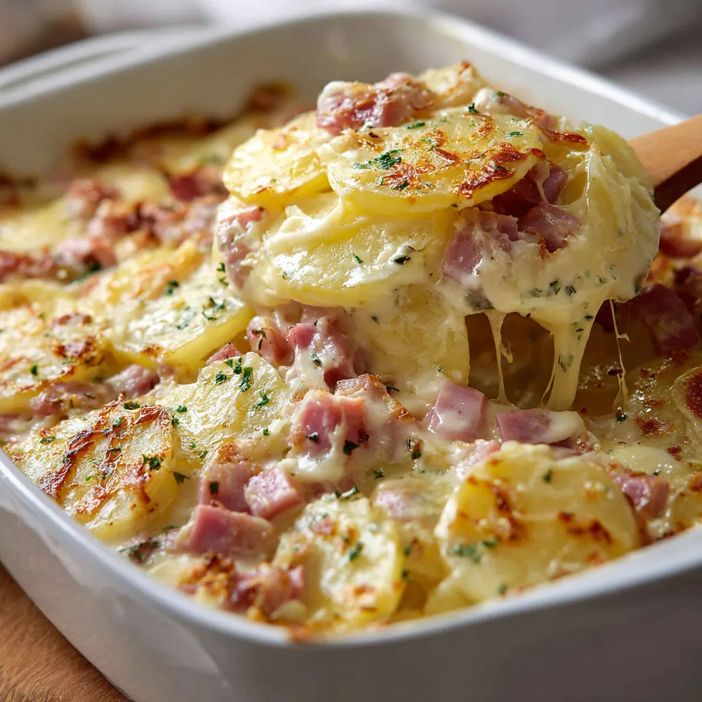 Un gratin de pommes de terre avec lardons coupé, prêt à servir avec une cuillère en bois.