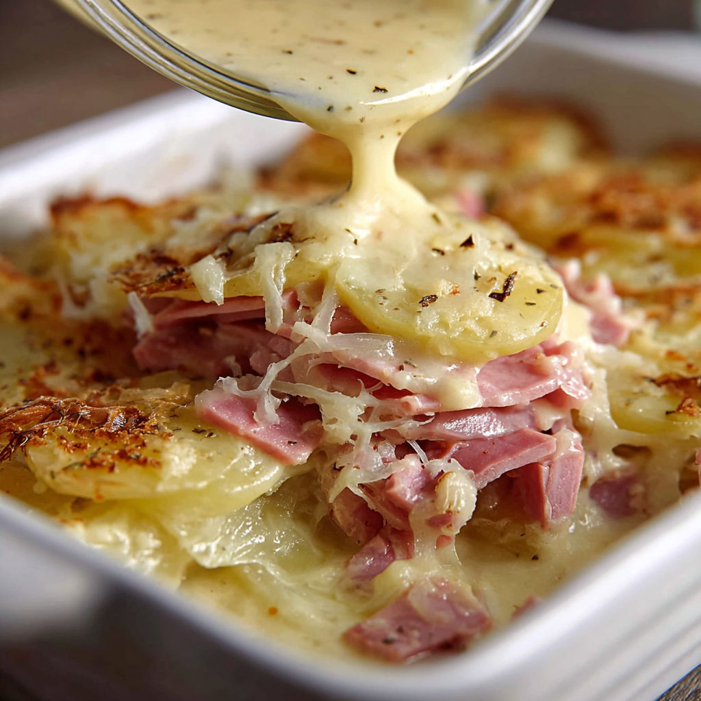 Un plat gratiné aux pommes de terre et lardons bien doré.