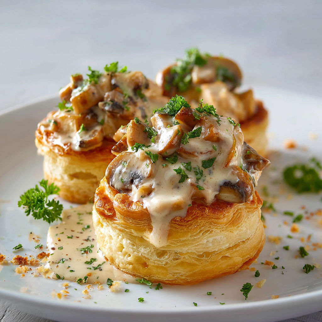 Une tarte aux champignons posée sur un plateau, parsemée d’herbes fraîches.