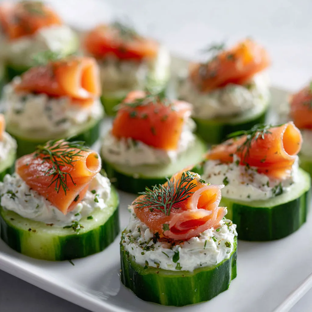 Une belle assiette de concombres garnis de saumon et d’herbes fraîches.