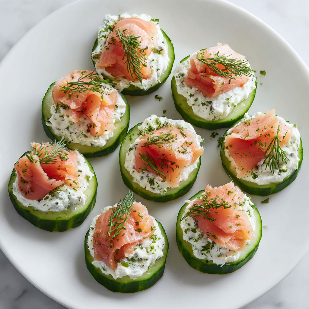 Assiette de concombres garnis de saumon et d’herbes fraîches.