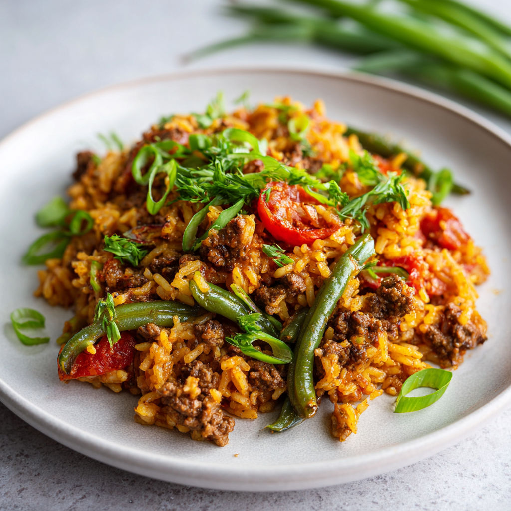 Un plat au four avec boeuf, riz et tomates servi sur une table.