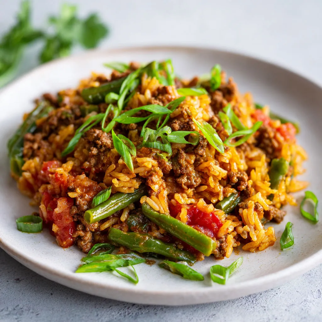 Un plat de riz et légumes verts présenté sur un plateau.