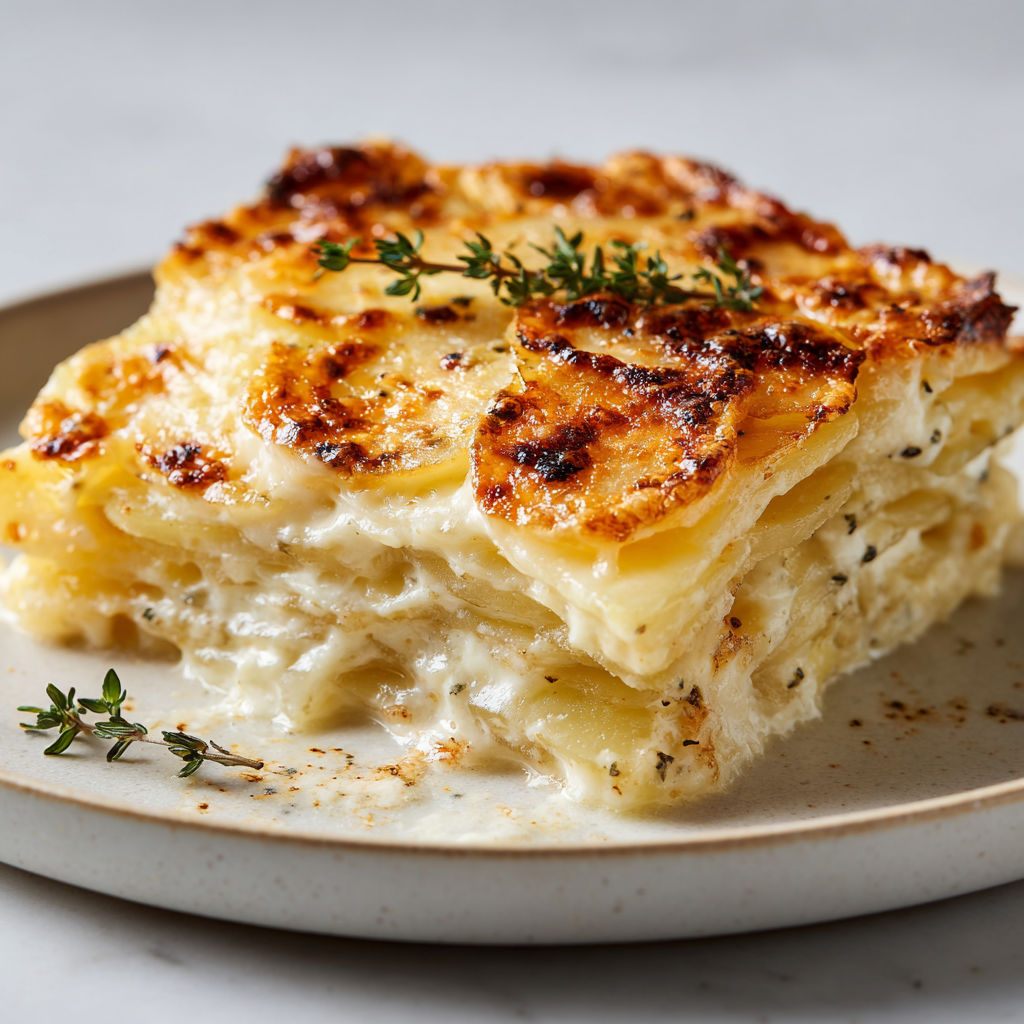 Un délicieux gratin dauphinois présenté dans un plat doré.