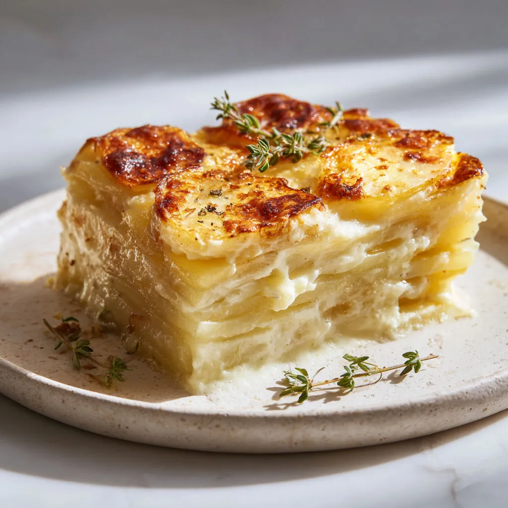 Un gratin dauphinois à la cuisson parfaite, garni d'herbes fraîches.