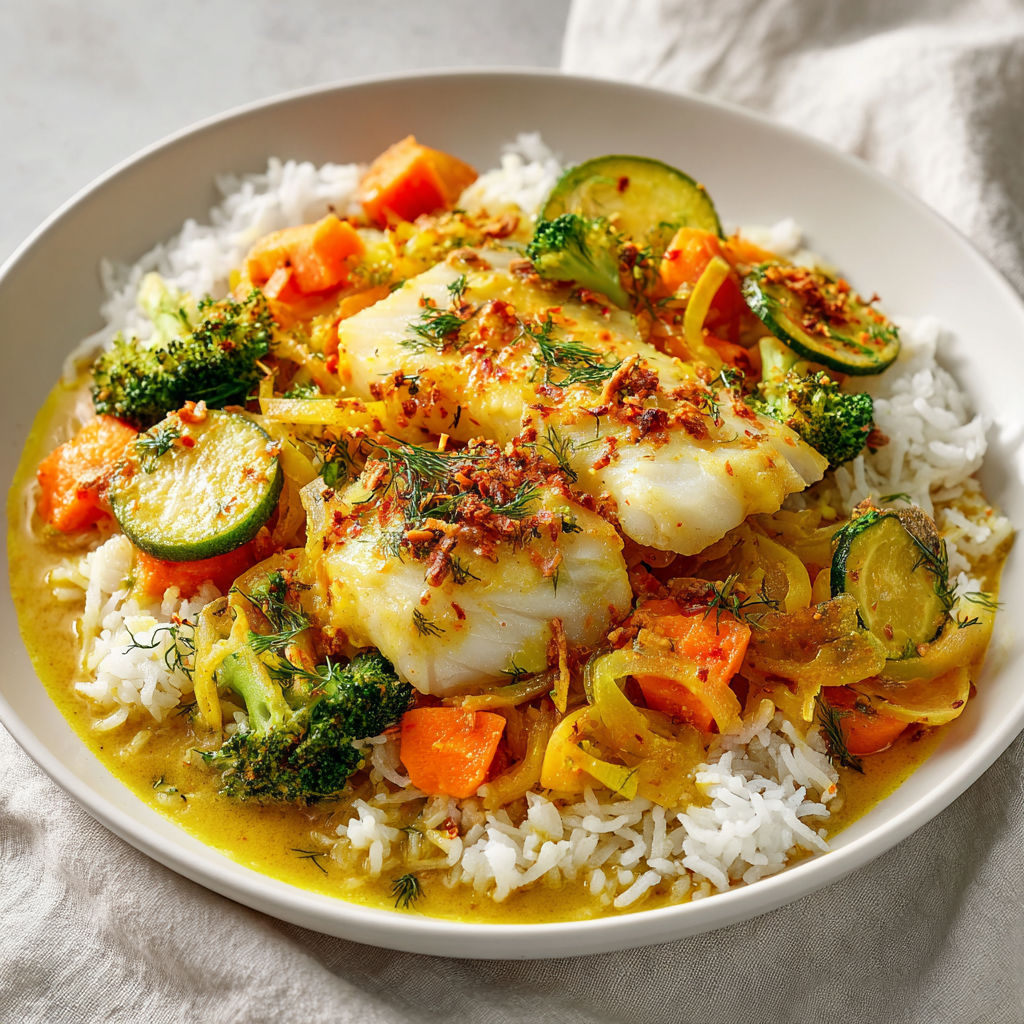 Riz, brocoli, carottes et poisson dans une assiette.