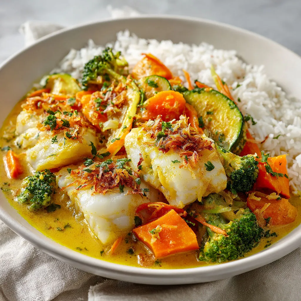 Bol garni de poisson, légumes et sauce.