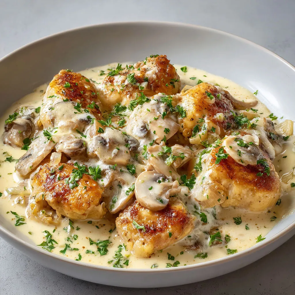 Une cocotte de poulet à la crème, champignons et herbes, posée sur la table.
