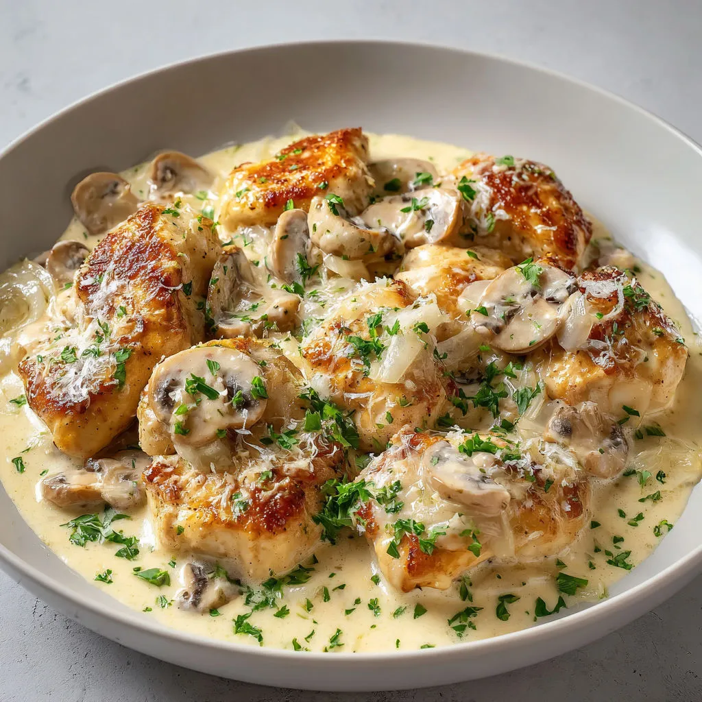 Une assiette généreuse de poulet à la crème, parsemée d’herbes et quelques champignons, sur une table conviviale.