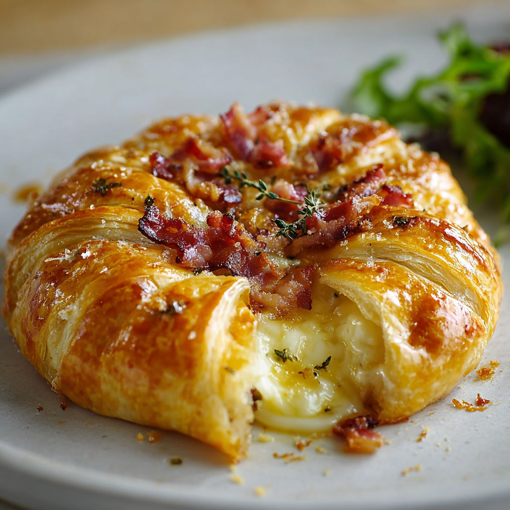Un plat convivial avec du camembert et des lardons, entouré d'une pâte dorée.