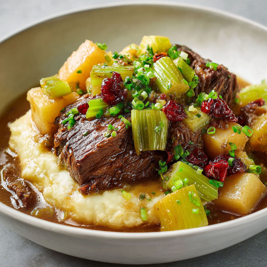 Un plat de boeuf braisé accompagné de légumes verts et pommes de terre.