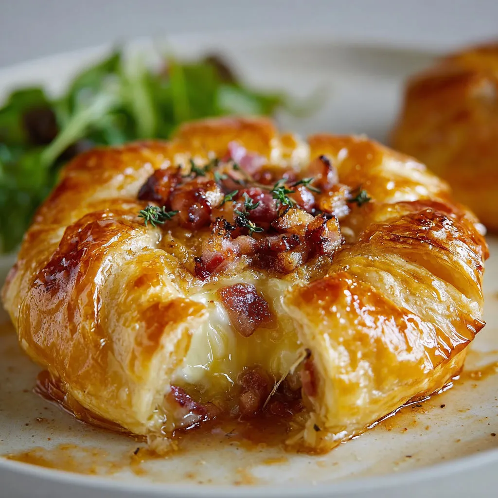 Une tarte salée au lard et fromage, avec une salade verte, sur un plateau.