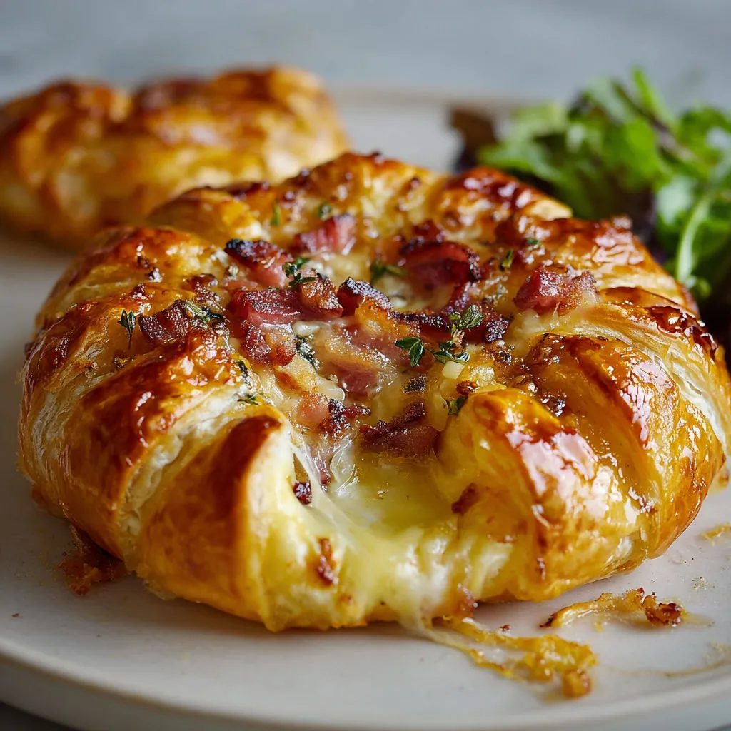 Une tarte salée au lard et au fromage, posée près d’une salade verte.