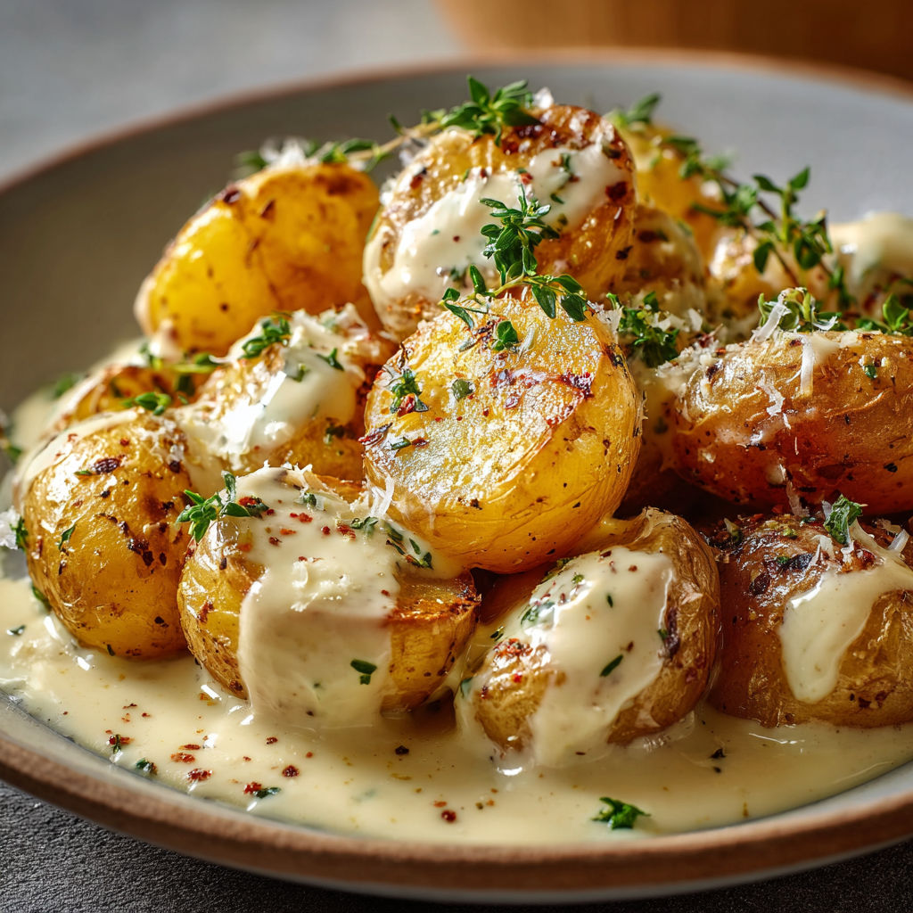 Des petites pommes de terre garnies, recouvertes de fromage râpé et d'herbes avec une sauce toute crémeuse.