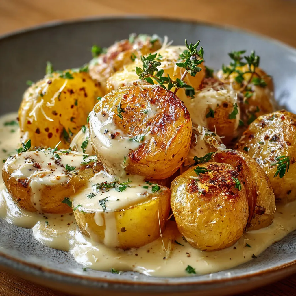 Des pommes de terre garnies nappées d'une sauce beurrée pleine d’herbes.
