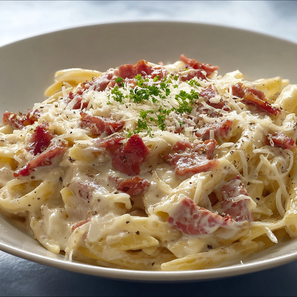 Plat de pâtes à la crème et lardons fumés garni d’herbes fraîches.
