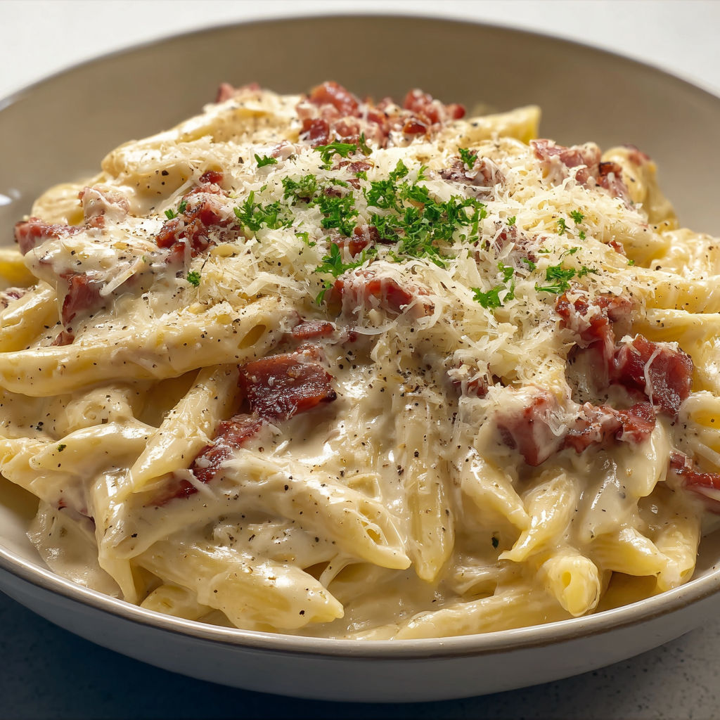 Jolie assiette de pâtes crémeuses, lardons et herbes fraîches.
