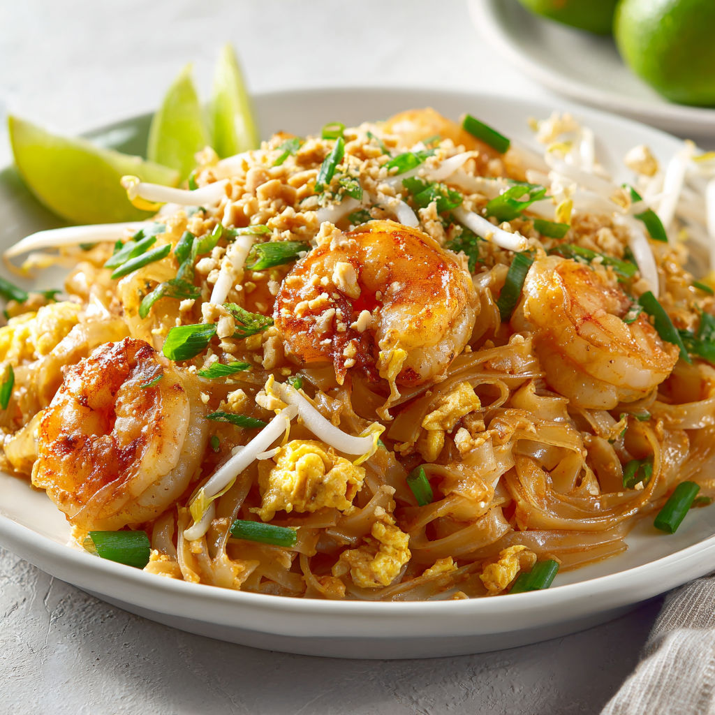 Assiette de pad thaï aux crevettes, parsemée d’herbes vertes et de noix de coco, posée sur une table.