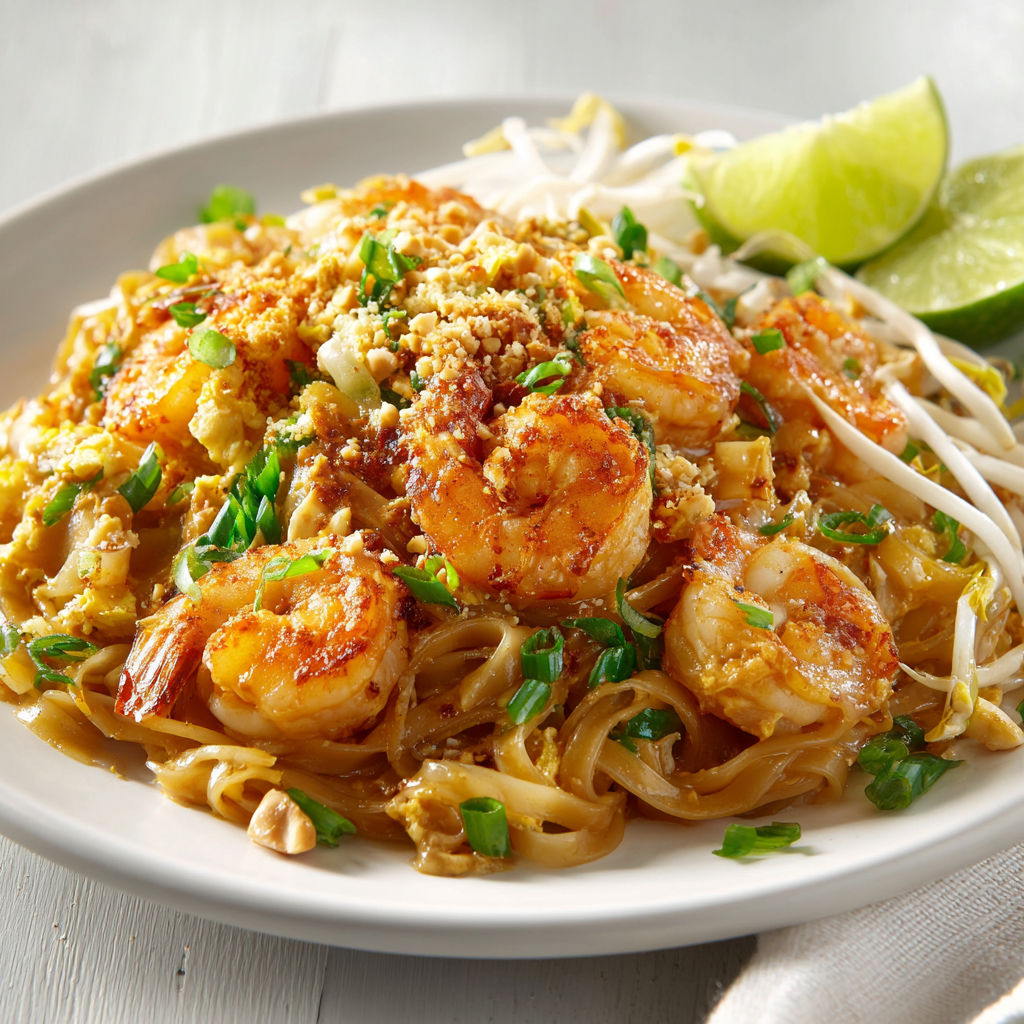Assiette de pad thaï crevettes, herbes fraîches et citrons verts sur table blanche.