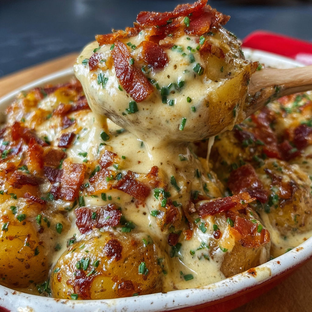 Un plat festif de pommes fondantes, fromage gourmand, ail parfumé et éclats de bacon croustillant.