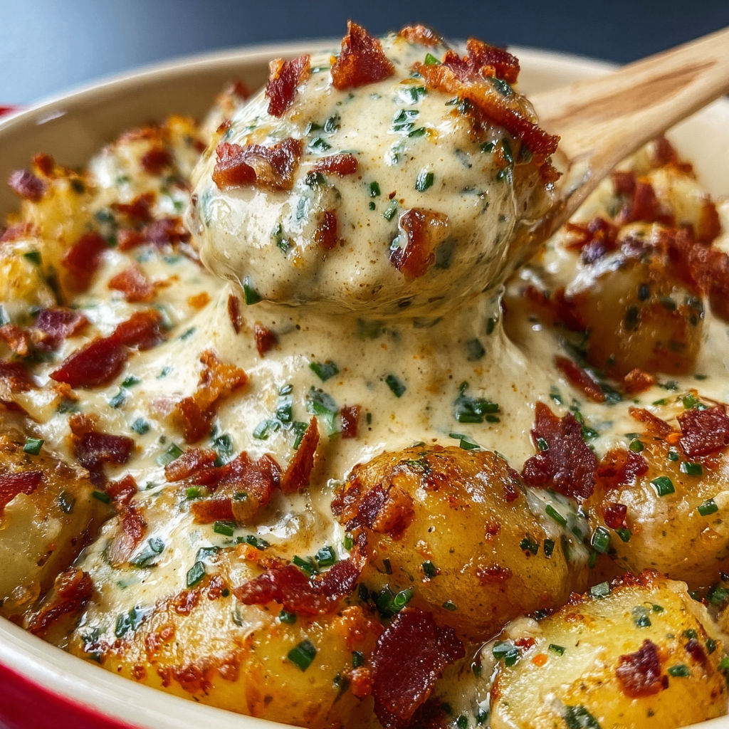 Mélange de pommes de terre, bacon et sauce pesto dans un plat appétissant.