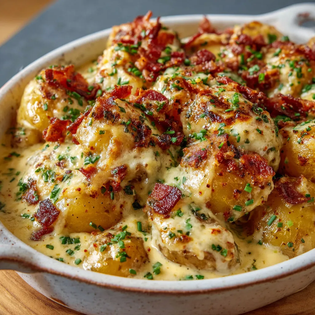 Bol rempli de pommes de terre, bacon et sauce crémeuse bien gourmande.