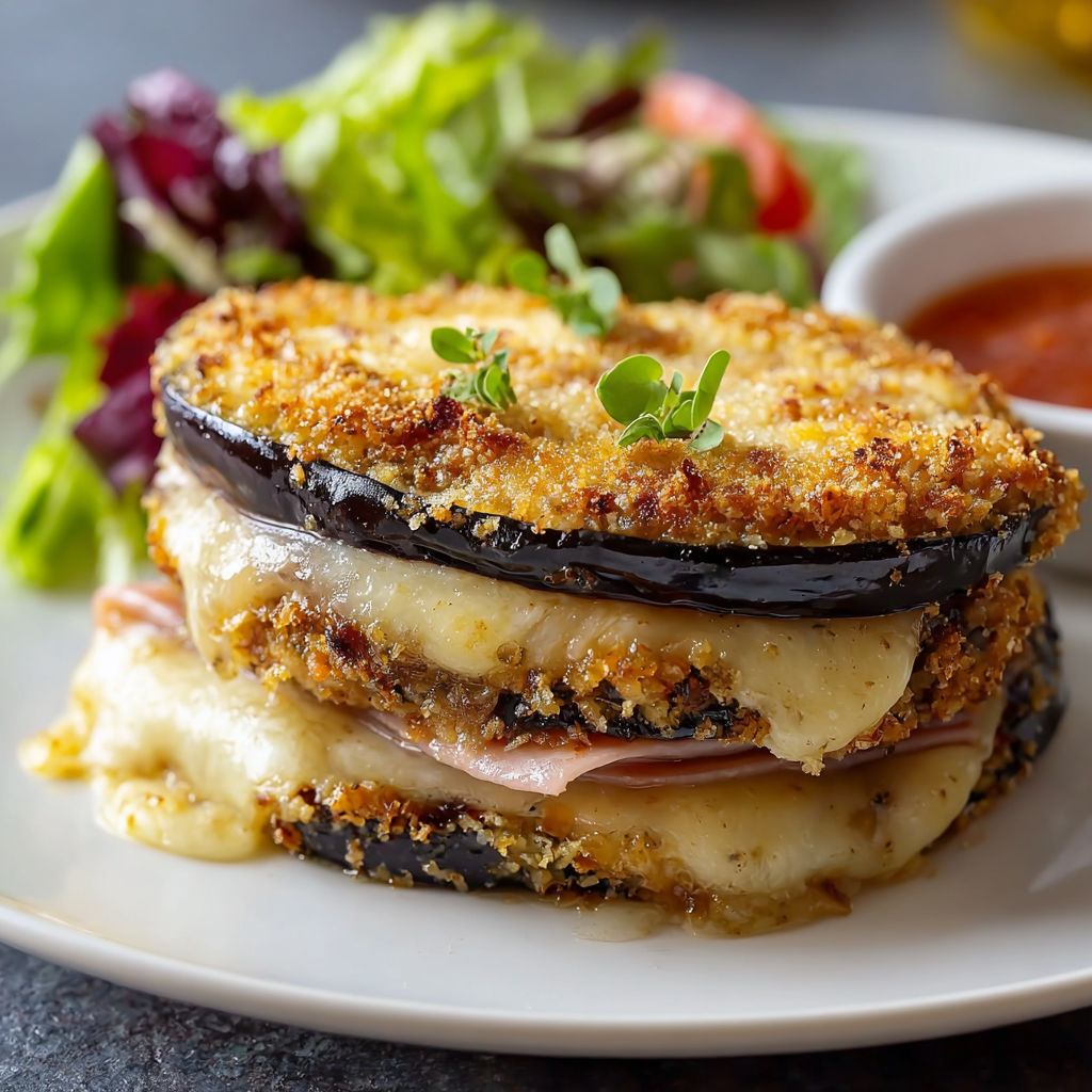 Un cordon bleu d'aubergine accompagné de salade verte est présenté sur un plat.