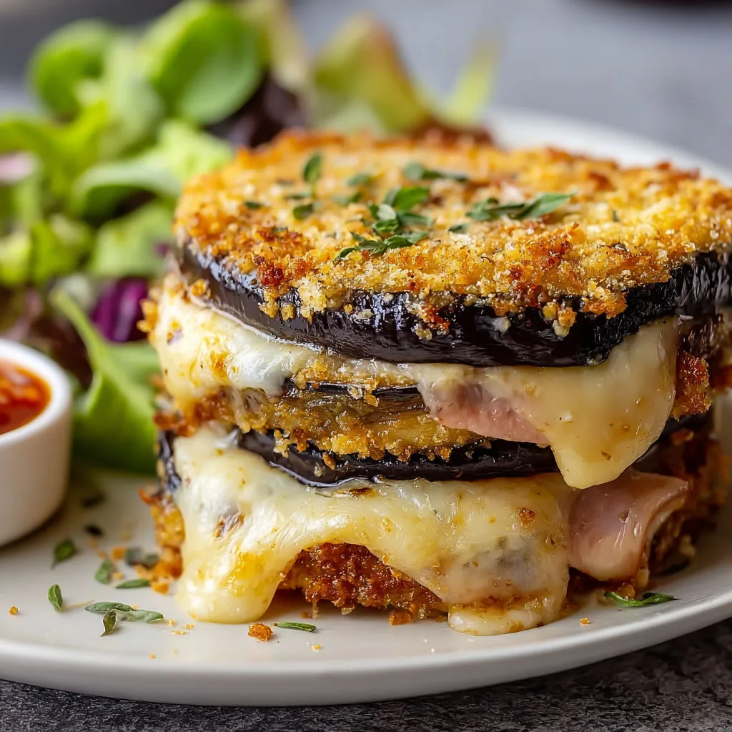 Un sandwich d’aubergine au jambon sur une assiette en porcelaine, servi avec de la salade verte.